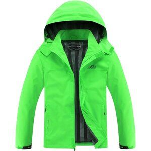 Mens Green Lightweight Waterproof Hooded Rain Jacket Outdoor Hiking Shell